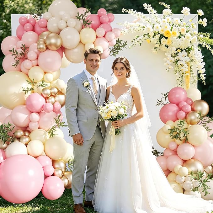 Pink and Yellow Balloon Arch Kit 124Pcs Pastel Light Pink Yellow Sand White Gold Balloons for Bee Theme Baby Shower Wedding Bridal Shower Birthday Party Decorations
