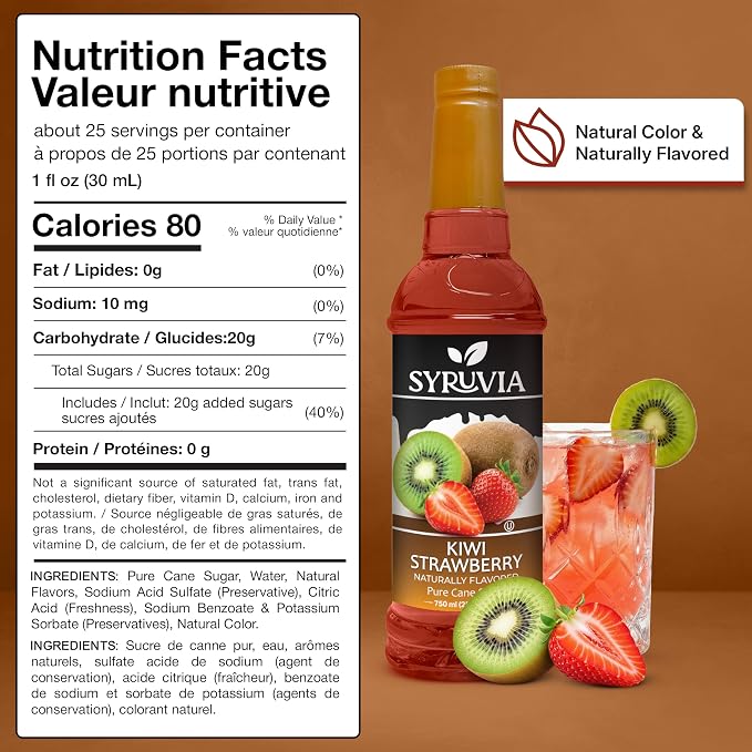 Syruvia Strawberry Kiwi Syrup, Naturally Flavored Syrup for Drinks, Lemonades, Iced Teas, and Desserts – 25.4 fl oz - with Pump