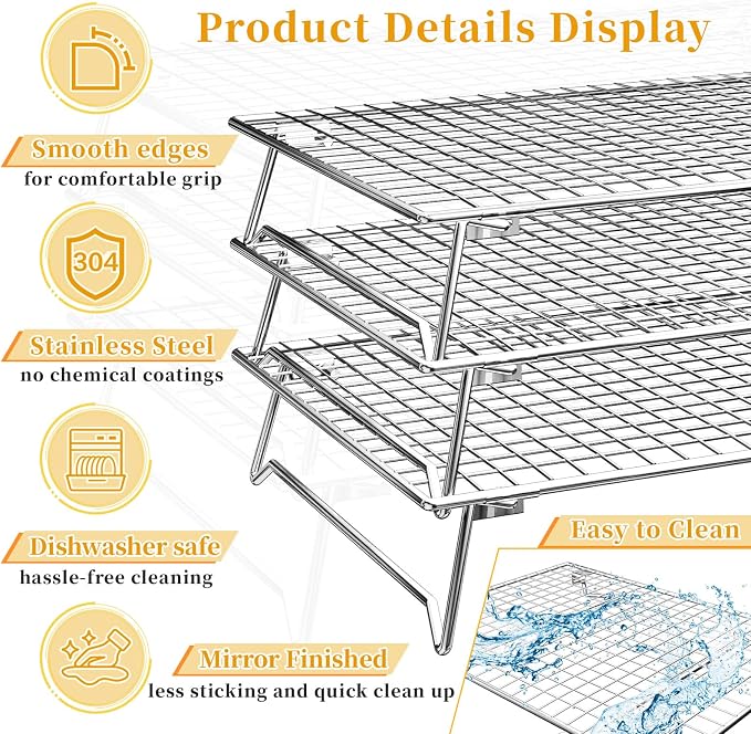 3-Tier Cookie Cooling Racks for Cooking & Baking, 304 Stainless Steel 13"x9" Stackable Wire Rack, Oven & Dishwasher Safe, Baking Rack for Oven, with Silicone Tongs