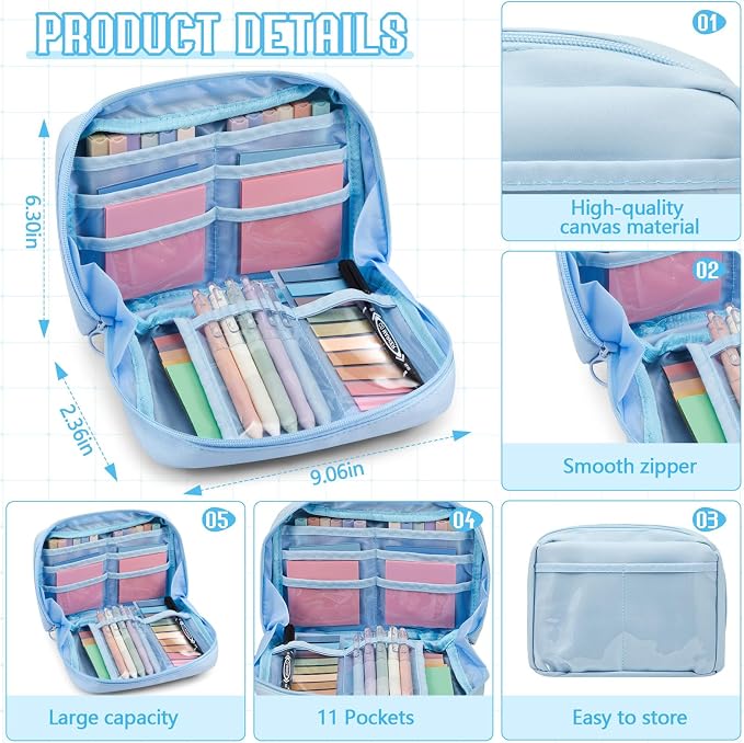 Jutom 39 Pcs Aesthetic Book Annotation Kit Highlighter with Case Bag Gel Pen Transparent Sticky Note Taking Bible Supplies(Blue,Kawaii Style)