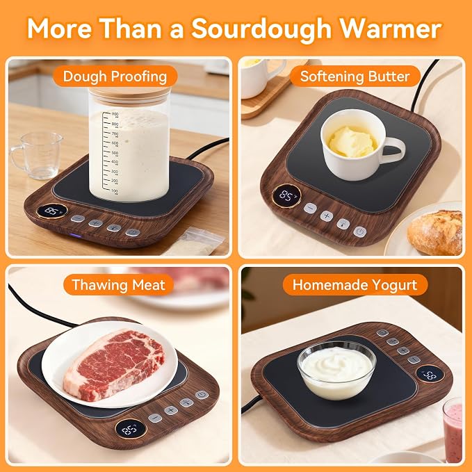Sourdough Starter Warmer Mat, Sourdough Heating Mat for Jars up to 40 oz with Temp Memory Function & Precise 1°F Thermostat Control, Sourdough Warming Mat for Home Baking (Wood Grain, Regular)