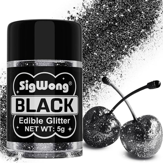 Black Edible Glitter - 5g Food Grade Cake Decorating Shimmering Glitter, Edible Sprinkle Luster Dust for Drinks, Chocolates, Fondant, Strawberries, Cupcakes, Candy, Easter Cookie - Vegan