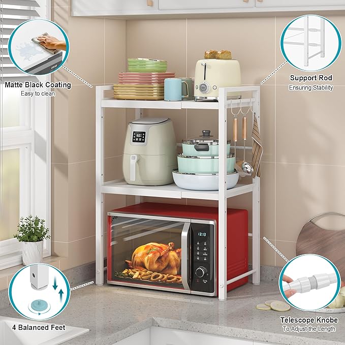 DOLALIKE Microwave Oven Rack, Expandable Microwave Stand Kitchen Countertop Organizer Utensils Storage, Carbon Steel Over Microwave Shelf with 3 Hooks (White, 3 Tier)