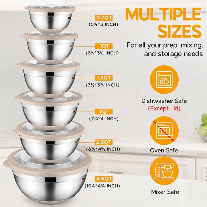 Onader Mixing Bowls with Lids Set of 6, Large Metal Nesting Mixing Bowls, Stainless Steel Non-Slip Salad Bowl Khaki – Size 0.7, 1, 1.5, 2, 2.6, 4.6QT