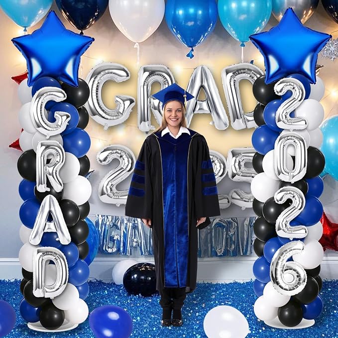 2 Sets Graduation Balloon Column Stand Kits with Balloons 2026 Grad Themed Decoration Navy Blue Balloon Tower Stand Kit for Grad High School & College Celebration Party Decor