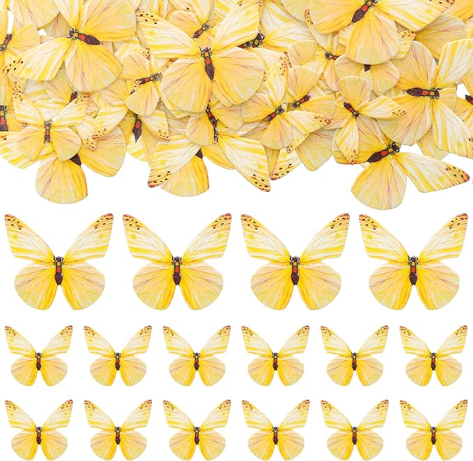 Gyufise 72Pcs Edible Cupcake Toppers - Wafer Paper Butterfly Cupcake Picks for Baby Shower & Kids Birthday Party Cake Supplies - Yellow