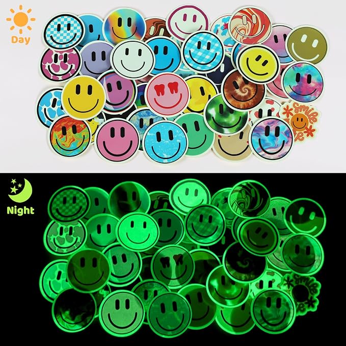 50PCS Smile Glow in The Dark Stickers | Cute Water Bottle Stickers for Kids, for Teaching Rewards, Notebooks, Stationery, Luggage, Cartoon PVC Happy Glow Stickers