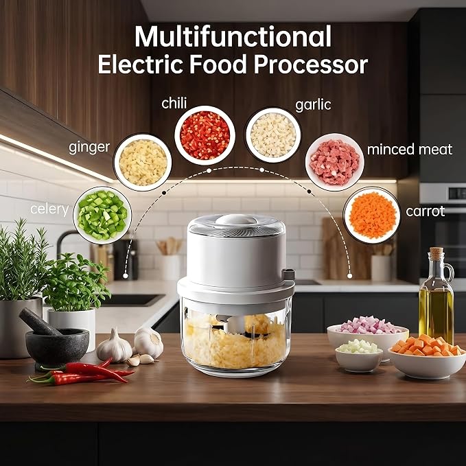 Mini Portable Chopper, Electric Garlic Chopper with Secure 6 Stainless Steel Blades & 350ML Glass Bowl, Cordless Mini Food Processor, 60+ Uses Per Charge for Kitchen, RV & Camping (White)