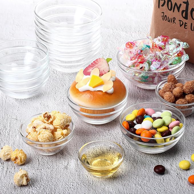LemonRoad 20 Pcs Glass Prep Bowls Sets 4 Sizes 1.5/2.5/4.5/8.5 oz Cooking Clear Small Prep Pinch Bowls Mini Stackable for Toppings, Kitchen, Salt, Spices, Dipping, Baking & Meal