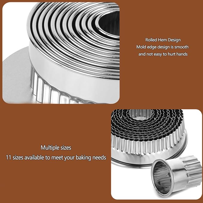11Pcs Fluted Round Cookie Cutter Set, Stainless Steel Scalloped Cookie Cutter, Reusable with Jagged Edge Design for a Special Event,Baking,Pastries,Holiday Everyday Treat (11PCS)