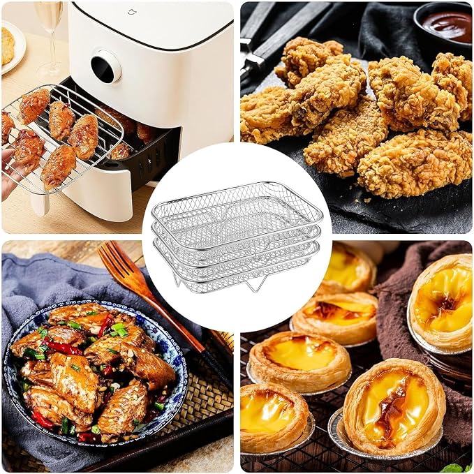 3 layer Square Air Fryer Rack, Stainless Steel Dehydrator, Air Stainless Steel Dehydrator Grill Enhanced Airflow Design Air Fryer Rack for Chicken Wings Vegetables Dual Cakes (Rectangle Set)