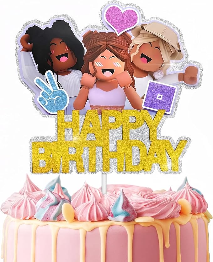 1 Pc Girl Gamer Cake Topper Happy Birthday - 8.27 x 6.3in Video Game Cake Topper Made from Cardboard with Bright Glitter - Pre-Assembled, Gamer Birthday Party Decorations for Dessert Table Setups