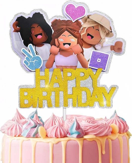 1 Pc Girl Gamer Cake Topper Happy Birthday - 8.27 x 6.3in Video Game Cake Topper Made from Cardboard with Bright Glitter - Pre-Assembled, Gamer Birthday Party Decorations for Dessert Table Setups