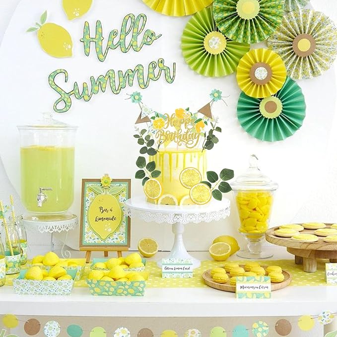 Rsstarxi Happy Birthday Cake Topper Decorations with Juicy Lemon Slices Leaves Cake Pick Decorations for Baby Shower Birthday Party DIY Cake Decorations