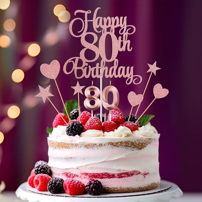 80th Birthday Cake Decorations, 80th Birthday Candles Cake Numeral Candles and Glitter Happy 80th Birthday Cake Toppers Set for Birthday Party Supplies (Rose Gold)