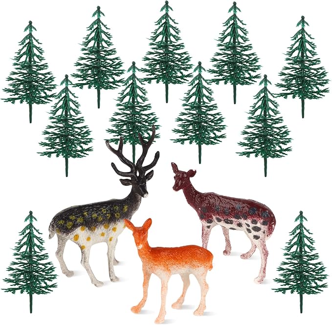 15PCS Deer Cake Topper Tree Cake Topper Christmas Cakes Decorations with Mini Tree Deer Figurine for Birthday Party Decorations Hunting Themed Decor Christmas Party Supply