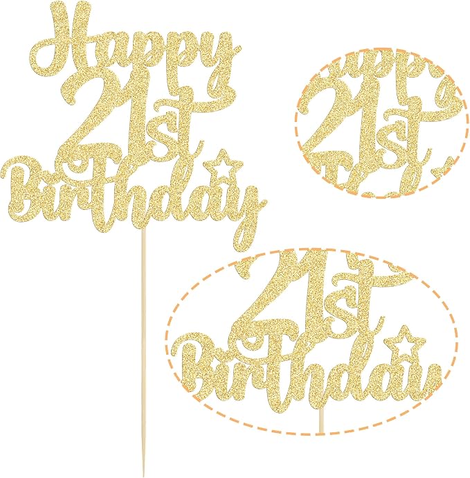 Gyufise 1Pc Happy 21st Birthday Cake Topper Glitter 21 & Fabulous Cheers to 21 Years Old Birthday Cake Pick for Celebrating 21st Birthday Anniversary Party Cake Decorations Gold