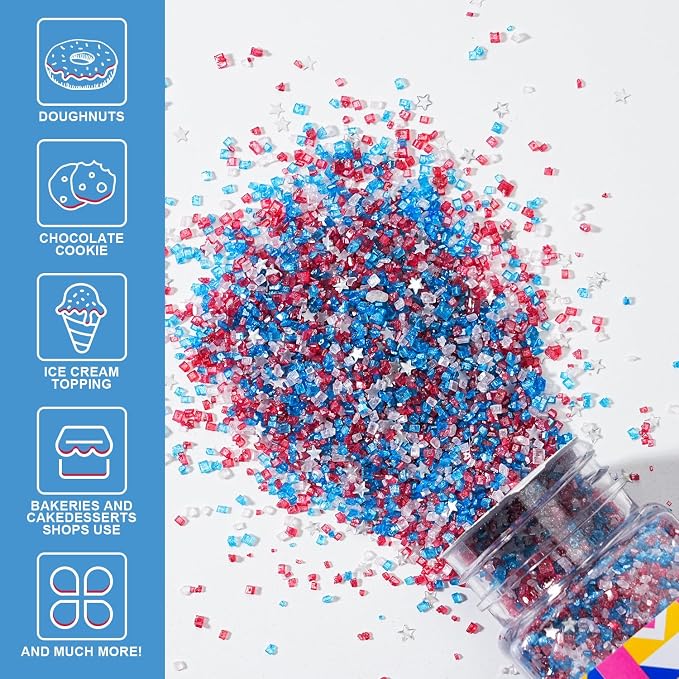 Red White and Blue Sprinkles - Patriotic Sanding Sugar with Silver Edible Glitter Stars for 4th of July Cake Decorating, Cupcake Topper & Baking Supplies 3.5 oz - USA Colors for Independence Day