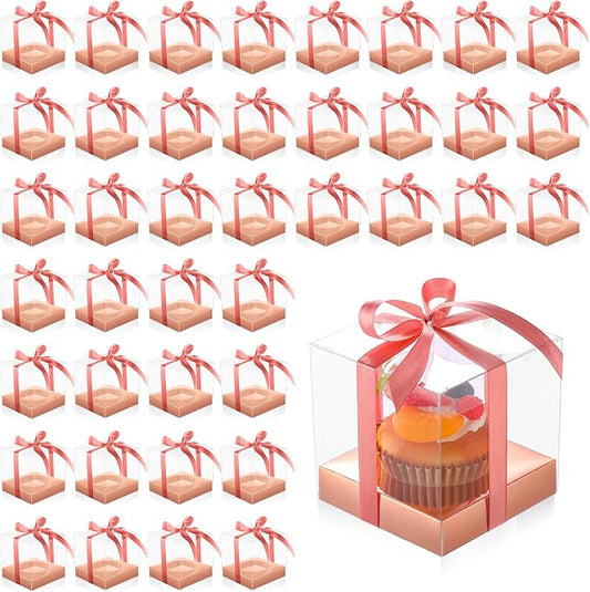 Thenshop 50 Pcs Clear Cupcake Boxes Individual 3.5 Inch Plastic Single Cupcake Containers Boxes with Inserts and Ribbon Individual Cake Storage Holders for Cake Kitchen(Rose Gold)
