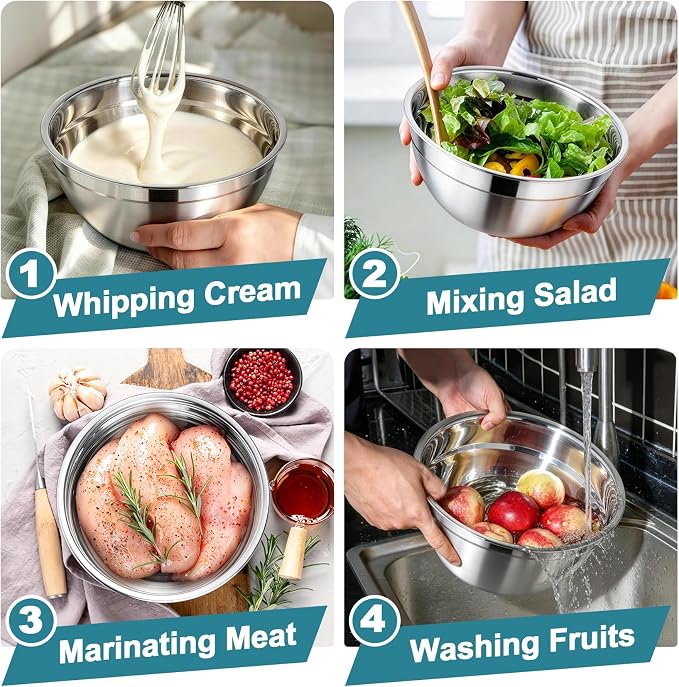 TeamFar Mixing Bowls, Stainless Steel Nesting Salad Bowls with Airtight Lids Set, For Serving/Mixing/Storing, Healthy & Heavy-duty, Dishwasher Safe & Easy Clean, 4.6/3 / 1.5 QT, Navy Blue