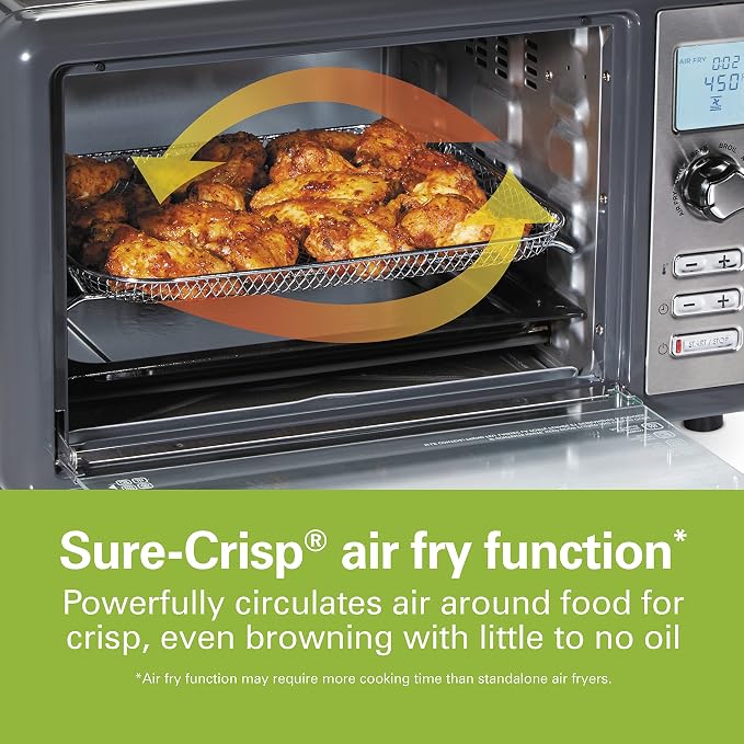 Hamilton Beach Countertop Digital Air Fryer Oven with Sure-Crisp, 6-in-1 Functionality, 150-450⁰F Temp Range, 1800W, XL Capacity for 2 12” Pizzas, Two 9” x 13” Pans and 4 Rack Positions, Grey (31390)