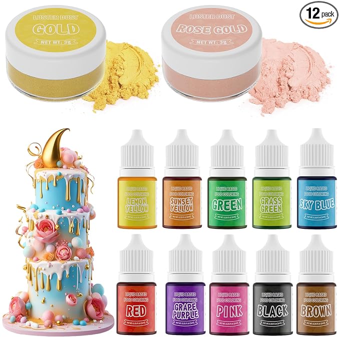 Luster Dust 2 Color & Food Dye Coloring 10 Color Set, Edible Food Coloring Liquid and Shimmer Cake Dust Metallic Food Coloring Powder Glitter for Cake Decorating Baking Fondant Gumpaste Drinks Cookie