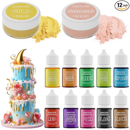 Luster Dust 2 Color & Food Dye Coloring 10 Color Set, Edible Food Coloring Liquid and Shimmer Cake Dust Metallic Food Coloring Powder Glitter for Cake Decorating Baking Fondant Gumpaste Drinks Cookie