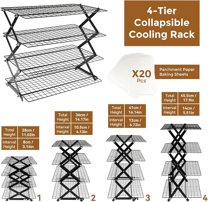 4 Tier Collapsible Cooling Rack, 3 Setting Design - Adjustable Stackable Cooling Racks for Cooking and Baking, Non-Stick Wire Rack with 20pcs Parchment Paper for Baking Cookies, Cakes, Bread, Pizza