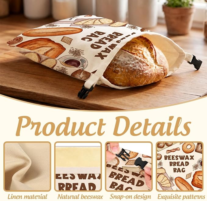 2 Pack Bread Bag for Homemade Bread, Natural Beeswax Storage Bag, Reusable Linen, Food Storage Cloth Bag with Buckle, Keep Loaves Fresh Longer, Homesteading Essentials Supplies 13 * 17IN
