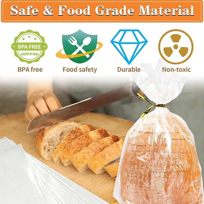 Plastic Bread Bag for Homemade Bread, 30pcs Large Bagel Bags with 50pcs Ties, Clear Bread Loaf Bags For Sandwich Bakery Treat Storage (18×8×4 in)