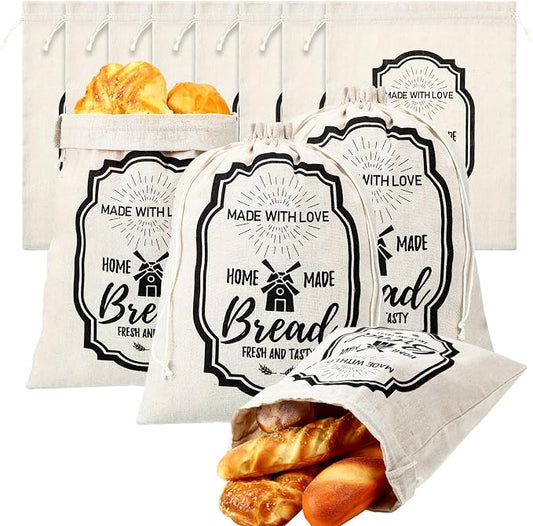 Vesici 8 Pcs Large Linen Bread Bag for Homemade Bread Reusable Bread Container and Saver Drawstring Bread Storage Bags Unbleached Bread Storage Container Keeper for Bakery 12" x 15" (Stylish Style)