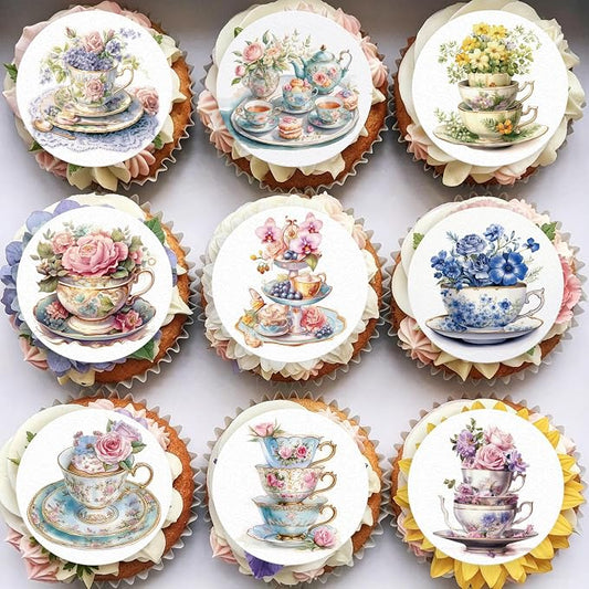 48PCS Edible Spring Floral Tea Cupcake Toppers Wafer Paper Vintage Teapot Vase Cake Picks Edible Floral Teapot Cupcake Toppers for Spring Teacups Princess Theme Cake Decor Supplies