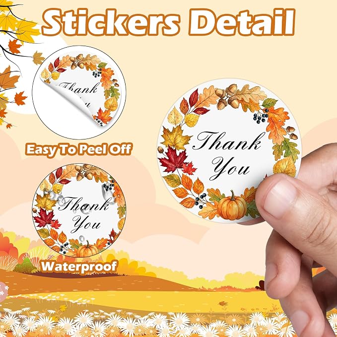Louise Maelys 2 Inch Thank You Stickers Roll-120 Pcs Fall Thank You Sticker with Pumpkin & Leaf Pattern Autumn Stickers Labels for Thanksgiving, Gift Wrapping, Party Favors, Small Business, Envelope