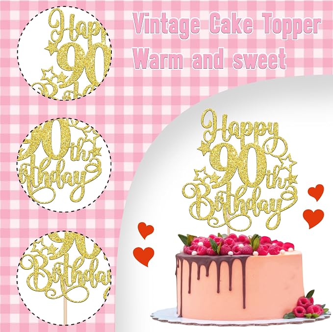 1 PCS Happy 90th Birthday Cake Topper Glitter Cheers to 90 Years Birthday Cake Pick Hello 90 Fabulous Cake Decoration for Happy 90th Birthday Anniversary Party Decorations Supplies Gold