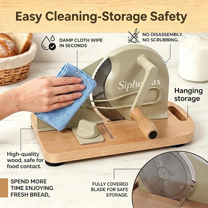 Manual Adjustable Sourdough Bread Slicer for Homemade Bread | Homemade bread and sourdough rounds, hand crank control, wall-mount storage, 0-0.8 in slices, no assembly, 420U6 blade