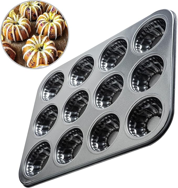 Mini Bndt Cake Pan 2 Pack, Nonstick Brownie Bowl Pan 12-Cavity Fluted Small Round Cake Tray Shortcake Pan Mold for Fall Baking Thanksgiving Muffin Bavarois, Carbon Steel Cake Pan