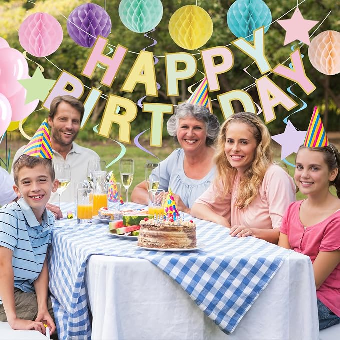 Pasimy Pastel Macaron Happy Birthday Decorations Kit Including Rainbow Happy Birthday Banner Rainbow Hanging Swirls Streamers Cutouts Colorful Honeycomb Balls Circle Dots Confetti Garland Supplies