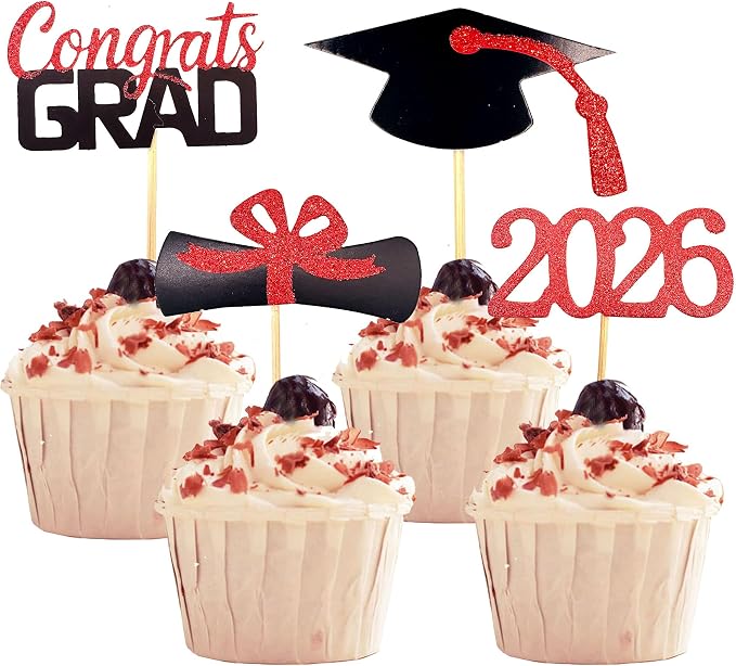YuBoBo 2026 Graduation Cupcake Toppers, 48 PCS Food/Appetizer Picks For Graduation Party Mini Cake Decorations, Diploma, 2026, Grad Cap Set 48 Pieces (03 Red)