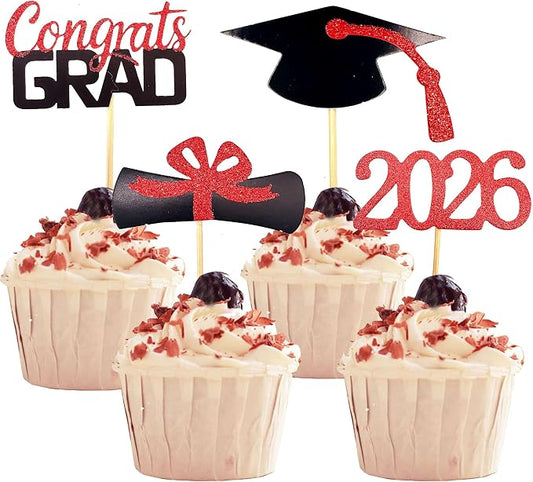 YuBoBo 2026 Graduation Cupcake Toppers, 48 PCS Food/Appetizer Picks For Graduation Party Mini Cake Decorations, Diploma, 2026, Grad Cap Set 48 Pieces (03 Red)