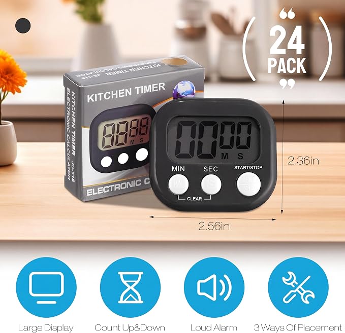 Leumoi 24 Pcs Digital Kitchen Timers Bulk Timer for Classroom Small Magnetic Timer On/Off Switch Countdown Loud Alarm for Cooking School Student Teacher Exercise Training Baking Work(Black)