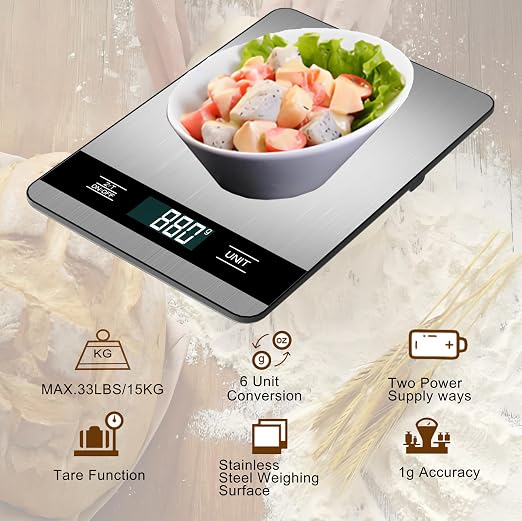 Digital Kitchen Scale, 33lb/15kg High Capacity Weight Grams and Ounces for Baking Cooking and Meal Prep, 1g/0.05oz Precise, 6 Units with Tare Function, USB Rechargeable (A Style)