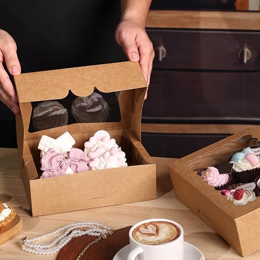 NPLUX Cookie Boxes Bakery Boxes with Window 8x6.5x2.5 Inches Auto-Popup Treat Pastry Boxes for Gift Giving, Graduation Gifts Party Favors(24pack, Brown)