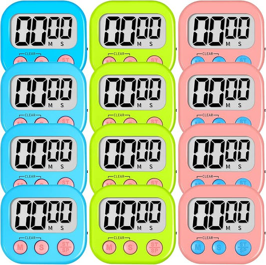 ZILLEEN 12 Pack Kitchen Timers for Cooking Digital Classroom Timers for Kids Teachers Blue Green Pink