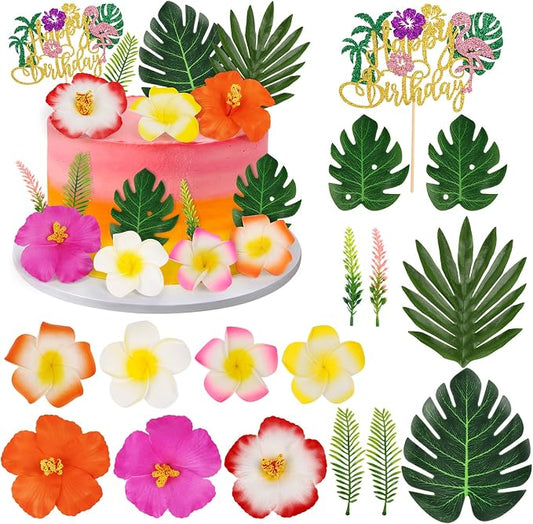 Hooqict 16Pcs Hawaiian Flower Cake Decorations Set with Palm Leaves Tropical Flowers Cake Toppers for Summer Hawaii Luau Beach Themed Birthday Party Decorations Supplies