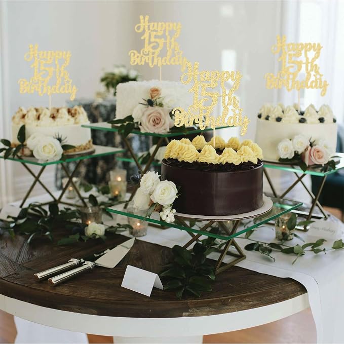 Gyufise 1Pc Happy 15th Birthday Cake Topper Glitter 15 & Fabulous Cheers to 15 Years Old Cake Pick for Celebrating 15th Birthday Anniversary Party Cake Decorations Supplies Gold