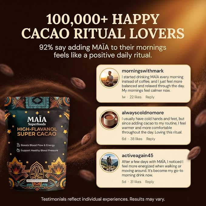 Maia Ceremonial Cacao | Super Cacao | High Flavanols | Supports Healthy Blood Pressure, Cardiovascular Wellness | Theobromine | 30 Servings (Pack Of 3)