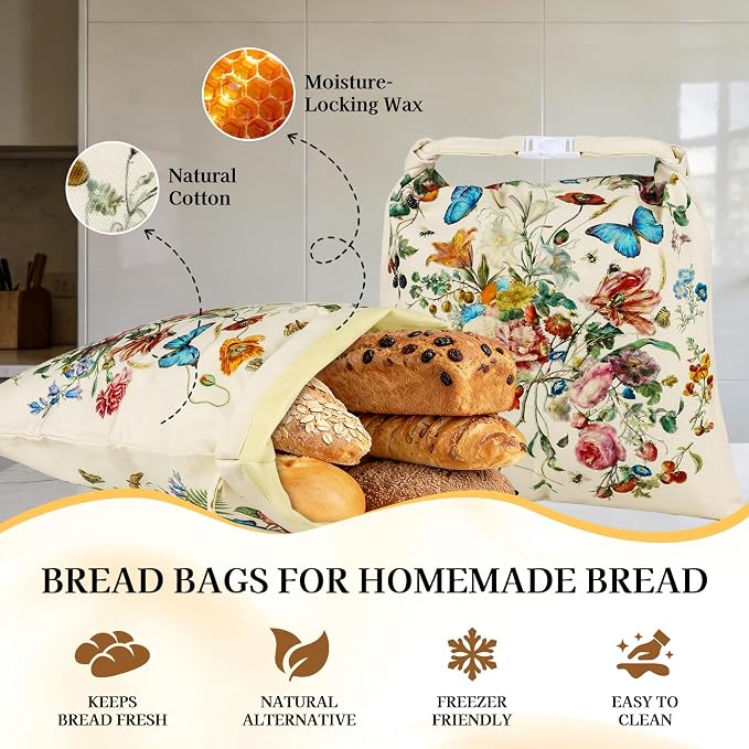 2 Pack Beeswax Bread Bags for Sourdough and Homemade Bread, XL 17x13in Reusable Cotton Storage Bags, Botanical Print Double-Layer with Beeswax Lining, Easy to Clean Artisan Bread Keeper | Keeps loaves soft