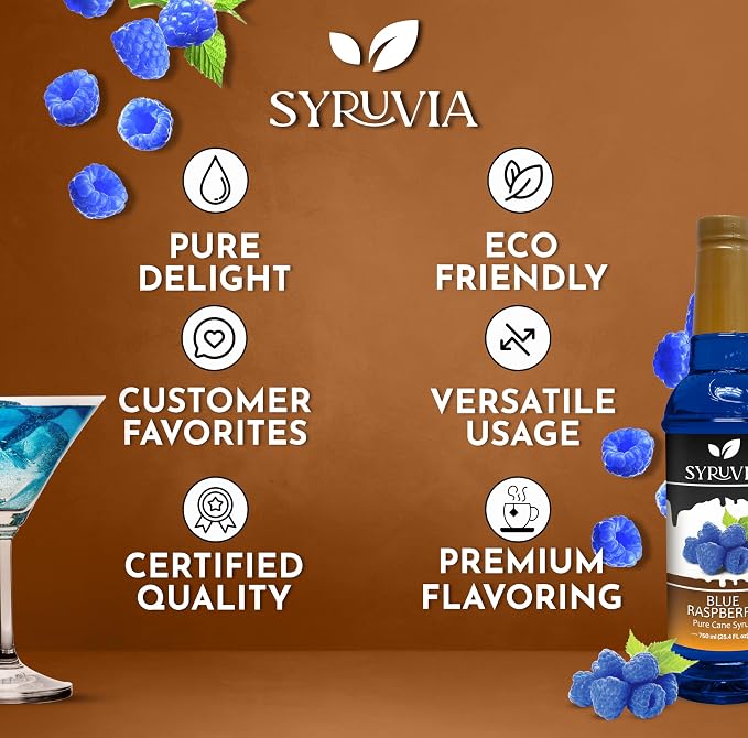 Syruvia Blue Raspberry Syrup, Flavored Syrup for Cocktails, Fruit Drinks, Lemonades, and Desserts – 25.4 fl oz - with Pump