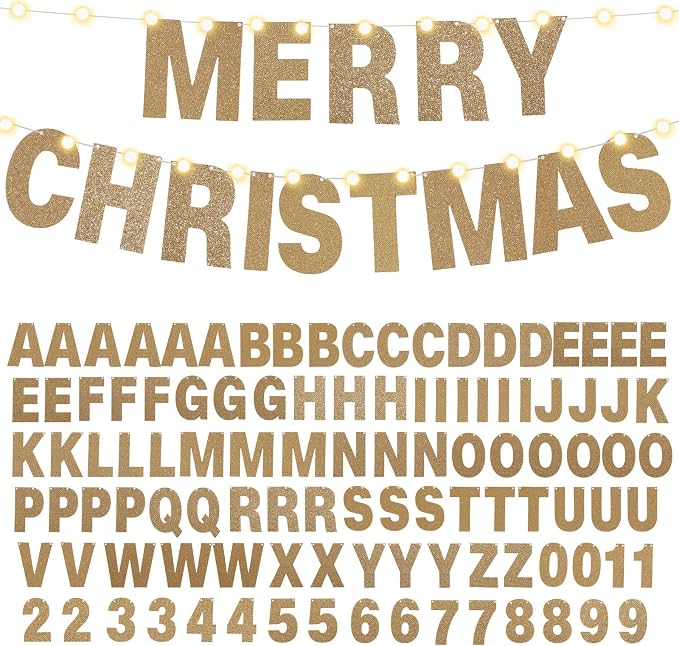 TaoBary 112 Pcs DIY Letter Kit Glitter Customizable Banner Letters Include 107 Letters and Numbers 3 Rope and 2 Needles for Birthday Halloween Christmas Wedding Valentine Party Decor(Champagne Gold)