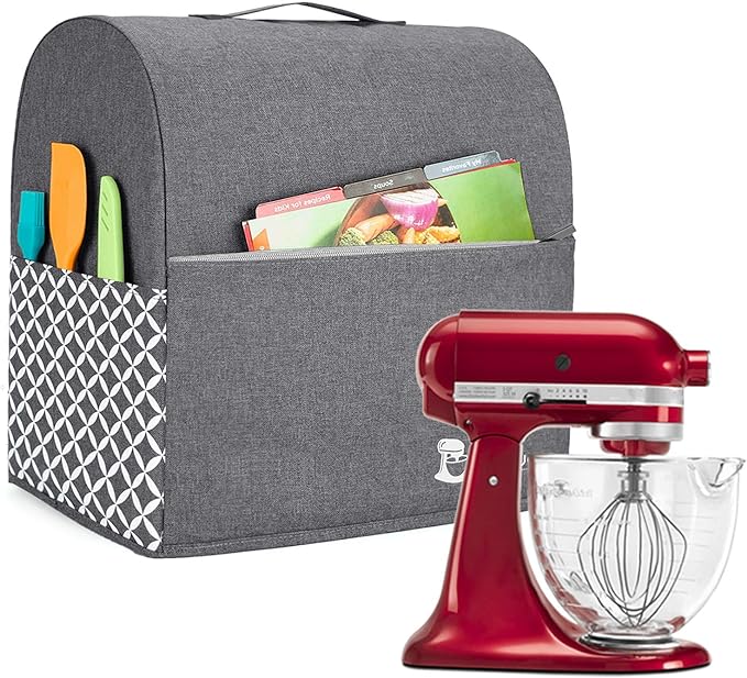 YARWO Stand Mixer Dust Cover Compatible with KitchenAid Mixer 4.5 qt -5 qt | Top Handle, Side Pockets for Kitchen Accessory, Dust-proof Protective Cover for Tilt-Head 4.5/5 qt, Washable, Gray with Grid